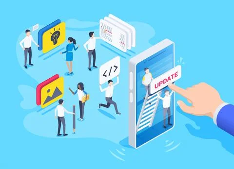 Isometric vector image on a blue background, a team of people working on the  Illustrazione stock