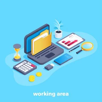 Isometric vector image on a blue background, a set of elements on a business  Stockillustratie
