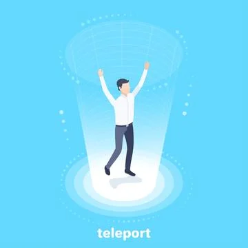 Isometric vector image on a blue background, a man inside the portal, virtual Stock Illustration
