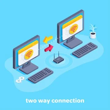 Isometric vector image on a blue background, the connection between two compu Stock Illustration