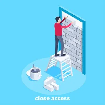 Isometric vector image on a blue background, a man stands on the stairs in fr イラスト素材