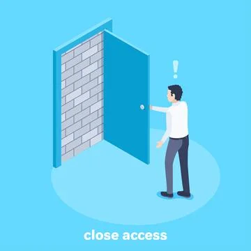 Isometric vector image on a blue background, a man stands in front of an open Illustration
