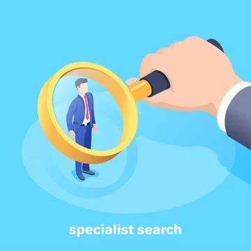 Isometric vector image on a blue background, a man in a business suit looks t 스톡 일러스트