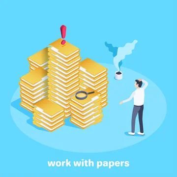 Isometric vector image on a blue background, high stacks of folders and a man 스톡 일러스트