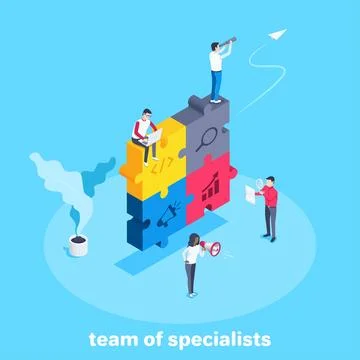 Isometric vector image on a blue background, a large folded puzzle with busin Ilustración de archivo
