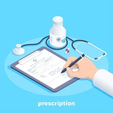 Isometric vector image on a blue background, the doctor fills out a prescript Stock Illustration