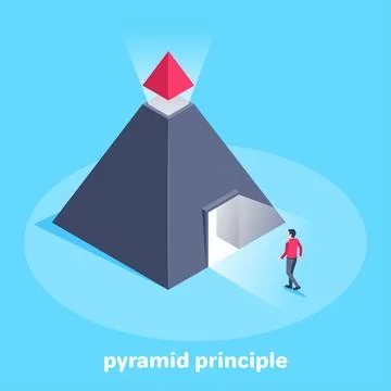 Isometric vector image on a blue background, a man enters an open passage in  Stock Illustration