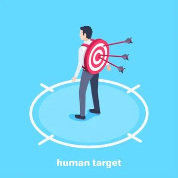 Isometric vector image on a blue background, a man with a round target and ar Stock Illustration