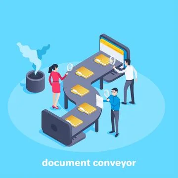 Isometric vector image on a blue background, men and women check files passin Stock Illustration