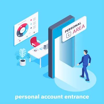 Isometric vector image on a blue background, a man in a business suit enters  イラスト素材