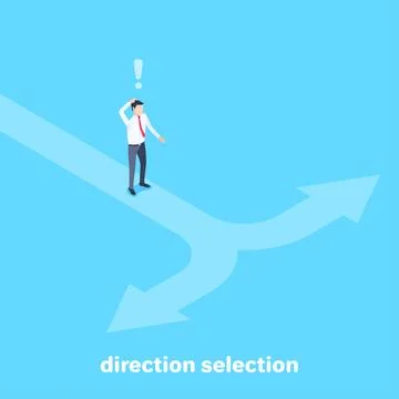 Isometric vector image on a blue background, a man in business clothes is sta Stock Illustration
