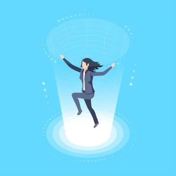 Isometric vector image on a blue background, woman inside the portal, virtual Stockillustratie