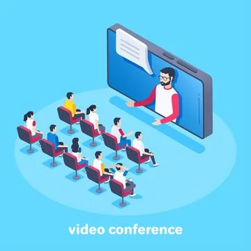 Isometric vector image on a blue background, a man with glasses communicates  Illustrazione stock