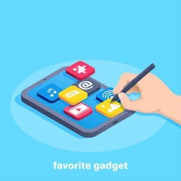Isometric vector image on a blue background, a male hand with a stylus points Stock Illustration