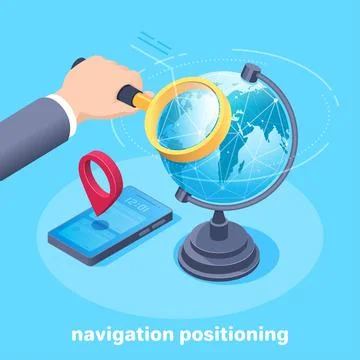 Isometric vector image on a blue background, male hand with a magnifying glas Illustrazione stock