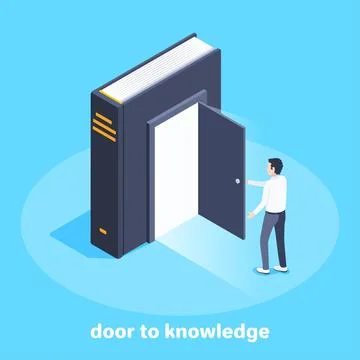 Isometric vector image on a blue background, a man opened the door to a big b イラスト素材