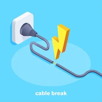 Isometric vector image on a blue background, a tattered cable plugged into an Stock Illustration