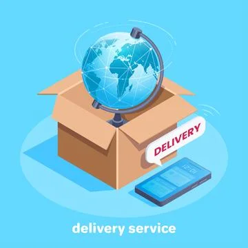 Isometric vector image on a blue background, a globe in a cardboard box and a 스톡 일러스트