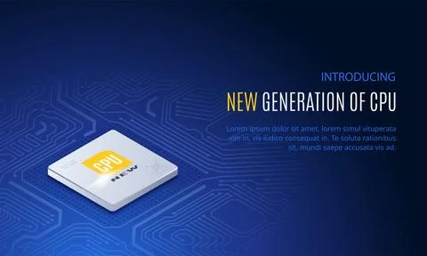 Isometric vector image on a blue background, CPU on a printed circuit board,  Illustrazione stock