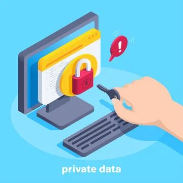 Isometric vector image on a blue background, a male hand holds a key in front 库存插图