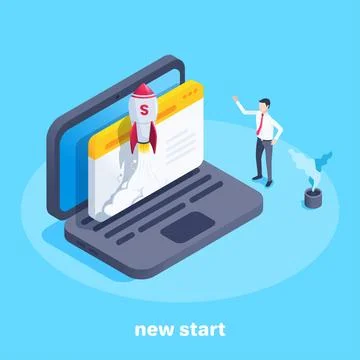Isometric vector image on a blue background, a rocket taking off from a lapto Stock Illustration