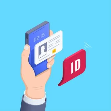 Isometric vector image on a blue background, a male hand holds a smartphone o 스톡 일러스트