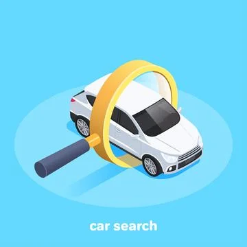 Isometric vector image on a blue background, car in a magnifying glass, searc Stock Illustration