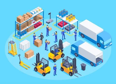 Isometric vector image on a blue background, men in work overalls work in a w Stock Illustration