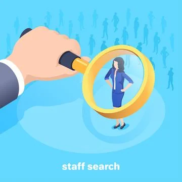 Isometric vector image on a blue background, a man in a business suit looks t 스톡 일러스트