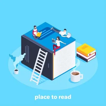 Isometric vector image on a blue background, young people on a huge book read Stock Illustration