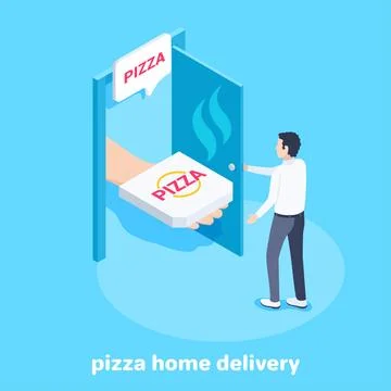 Isometric vector image on a blue background, a man opened the door to receive Stock Illustration