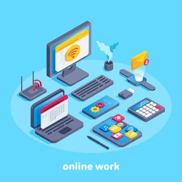 Isometric vector image on a blue background, computers and smart devices for  Stock Illustration