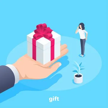 Isometric vector image on a blue background, male hand gives a box with a bow Stock Illustration