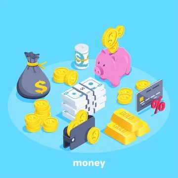 Isometric vector image on a blue background, a wallet with coins and banknote Illustrazione stock