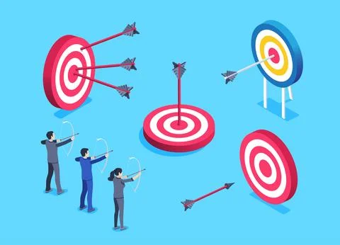 Isometric vector image on a blue background, a set of targets and arrows as w 库存插图