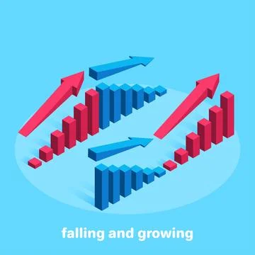 Isometric vector image on a blue background, up and down arrows above chart c Stock Illustration