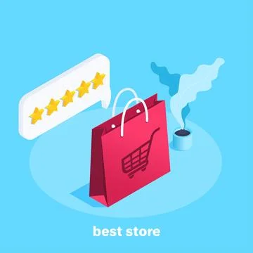 Isometric vector image on a blue background, a shopping bag and a text bubble 库存插图