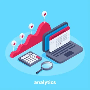 Isometric vector image on a blue background, a laptop with a calendar next to Stock Illustration