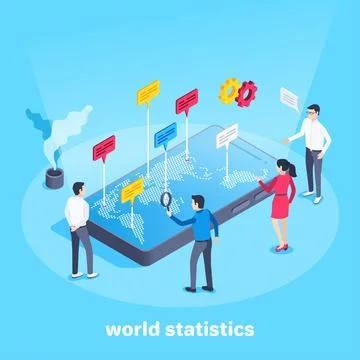 Isometric vector image on a blue background, a man and a woman are standing n Ilustração Stock