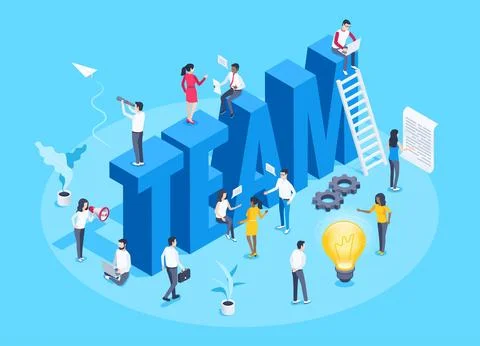 Isometric vector image on a blue background, the big word team and people tea Illustrazione stock