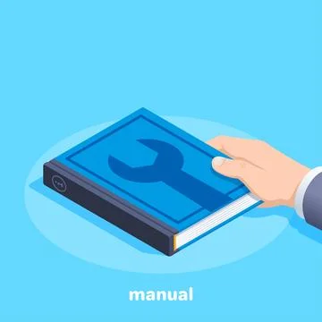 Isometric vector image on a blue background, a male hand holds a blue book wi Stock Illustration
