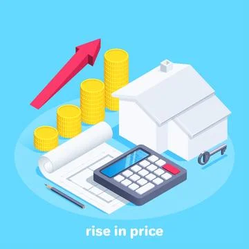 Isometric vector image on a blue background, a house next to a calculator and Stock Illustration