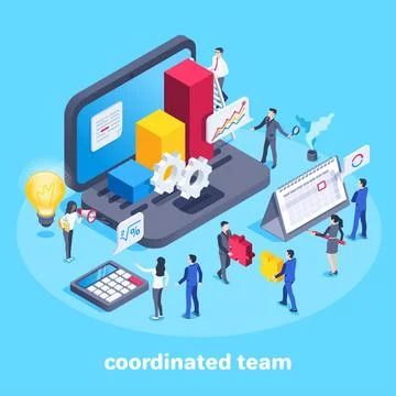 Isometric vector image on a blue background, people work as a team with finan Stockillustratie