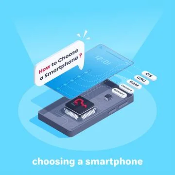 Isometric vector image on a blue background, disassembled smartphone with a p Stock Illustration