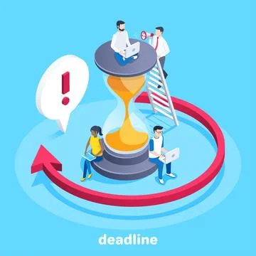 Isometric vector image on a blue background, people on a large hourglass and  Stock Illustration