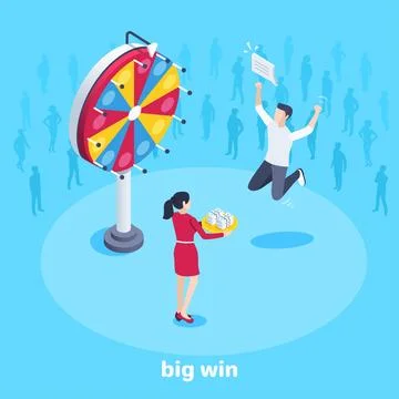 Isometric vector image on a blue background, a man won a lot of money in a dr Stock Illustration