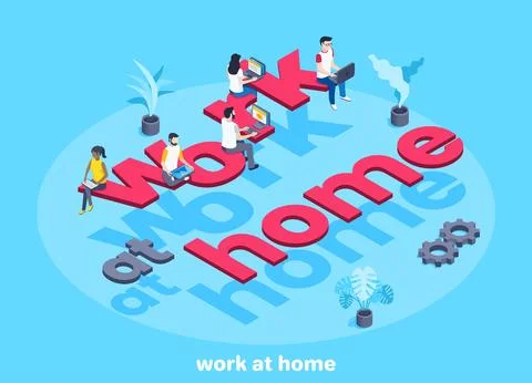 Isometric vector image on a blue background, man and woman work remotely and  Stock Illustration