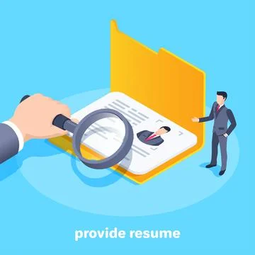 Isometric vector image on a blue background, a male hand holds a magnifier in Stock Illustration