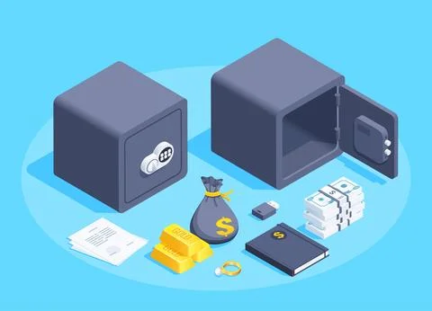 Isometric vector image on a blue background, closed and open safe and objects 库存插图