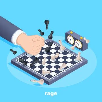 Isometric vector image on a blue background, a male hand beats the chessboard Stock Illustration